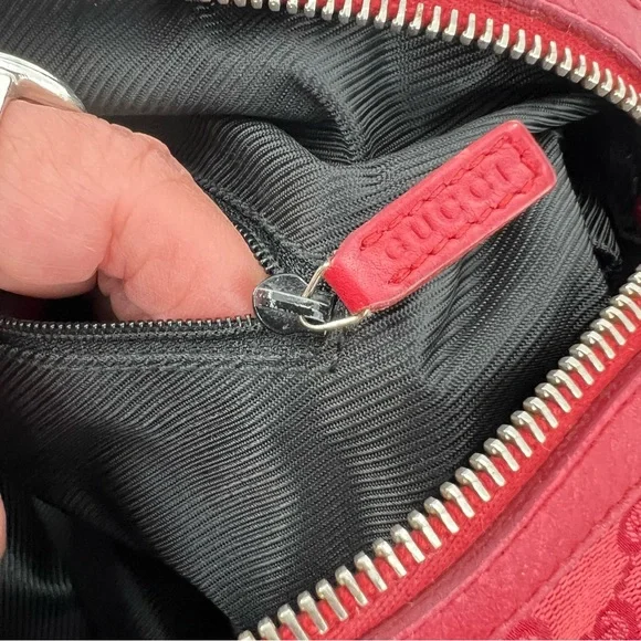 GUCCI GG Canvas Boston Bag, Red Jacquard Fabric, Red Leather Trim, Authentic